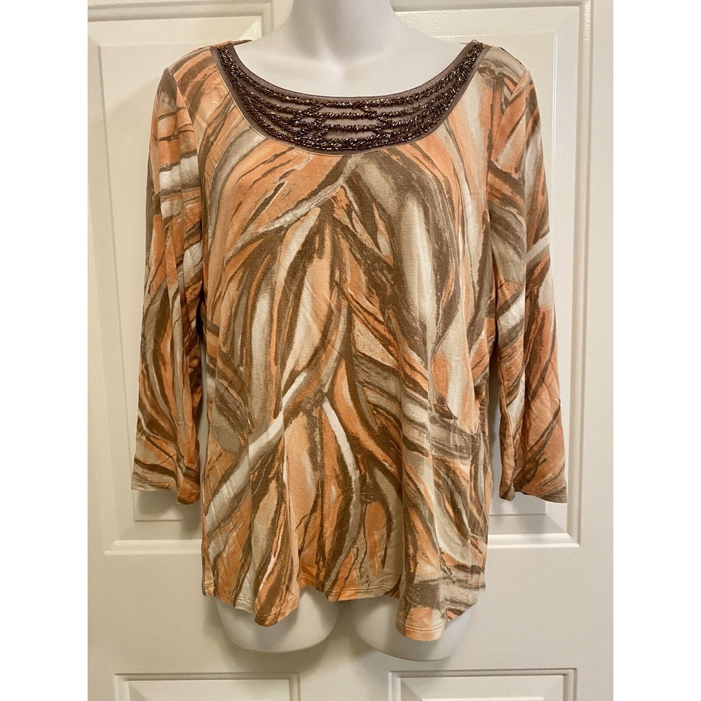 Dana Buchman Women’s Beaded Brown Peach Orange Top Size M 3/4 Sleeves - Picture 1 of 4